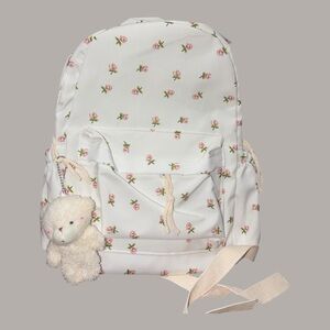 Floral White Backpack with Teddy Bear Charm